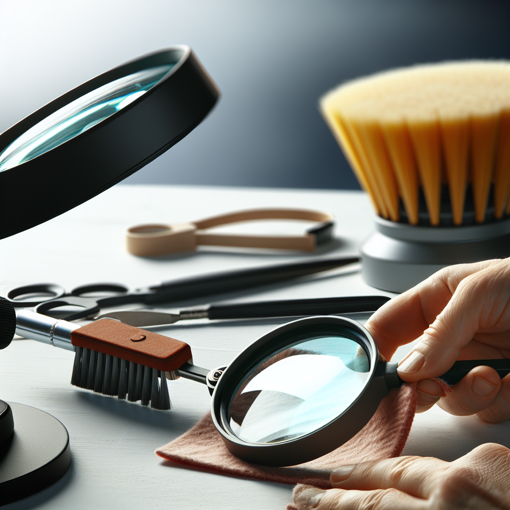 Image réaliste illustrant des conseils pratiques pour entretenir votre loupe pleine page, avec des textures naturelles et un éclairage doux.