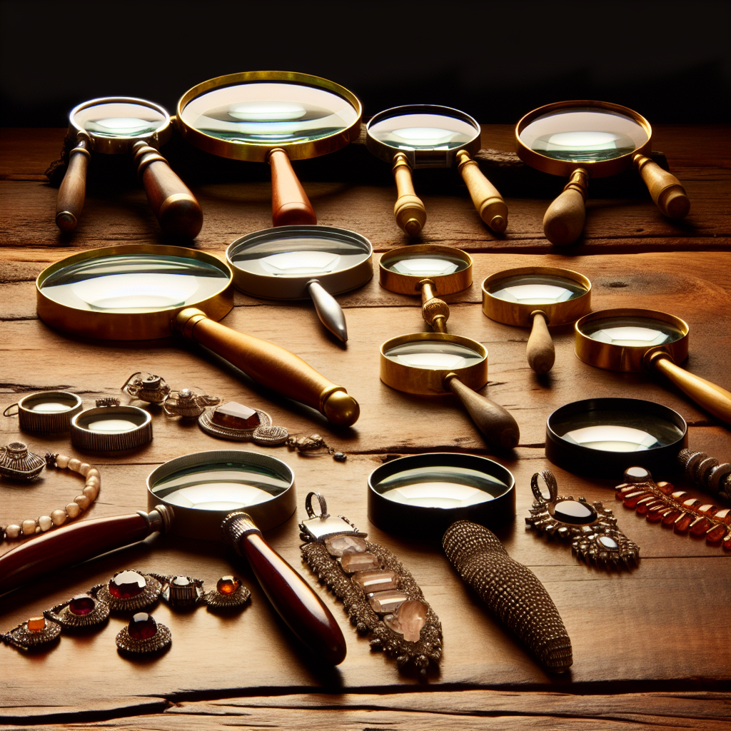 Photo réaliste illustrant l'histoire et l'évolution de la loupe de bijoutier, mettant en avant des textures authentiques et une ambiance professionnelle.