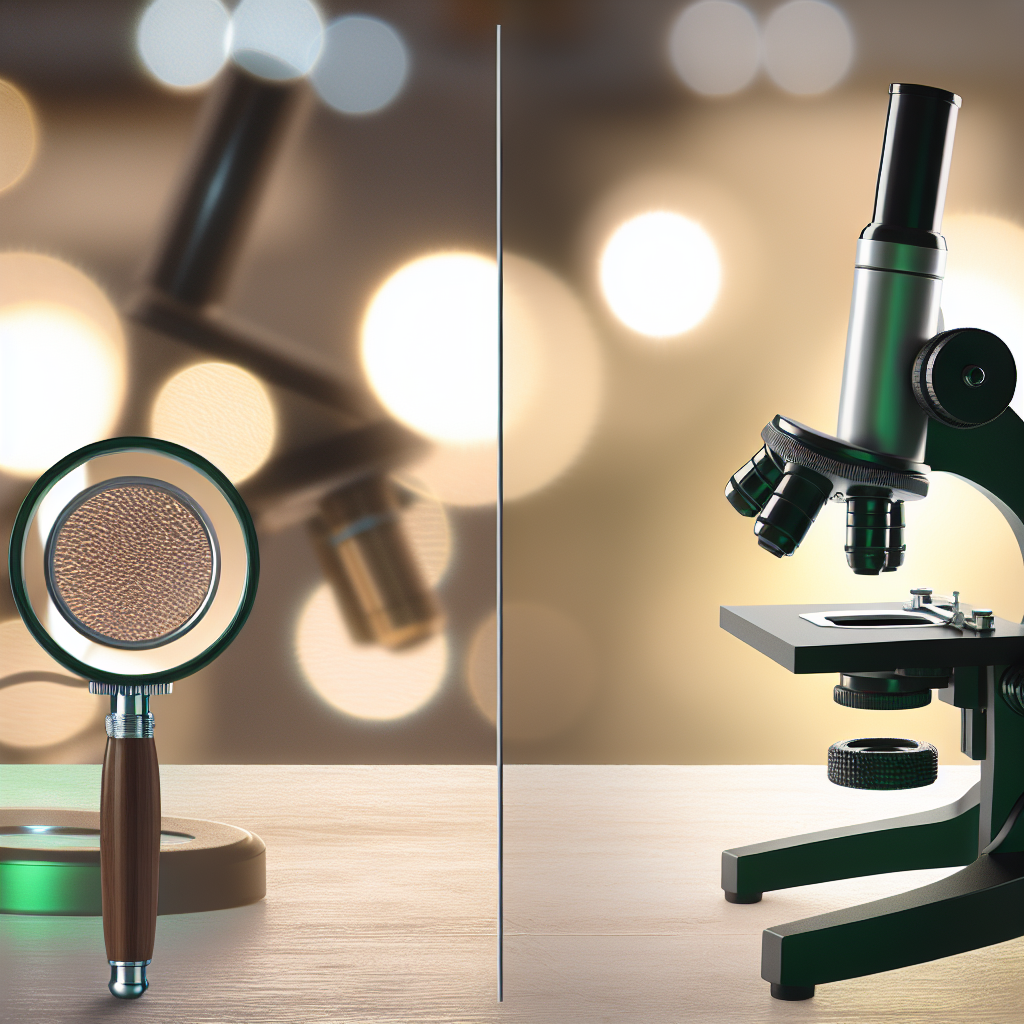 Photo réaliste comparant une loupe grossissante et un microscope optique, mettant en avant leurs caractéristiques pour l'observation fine.