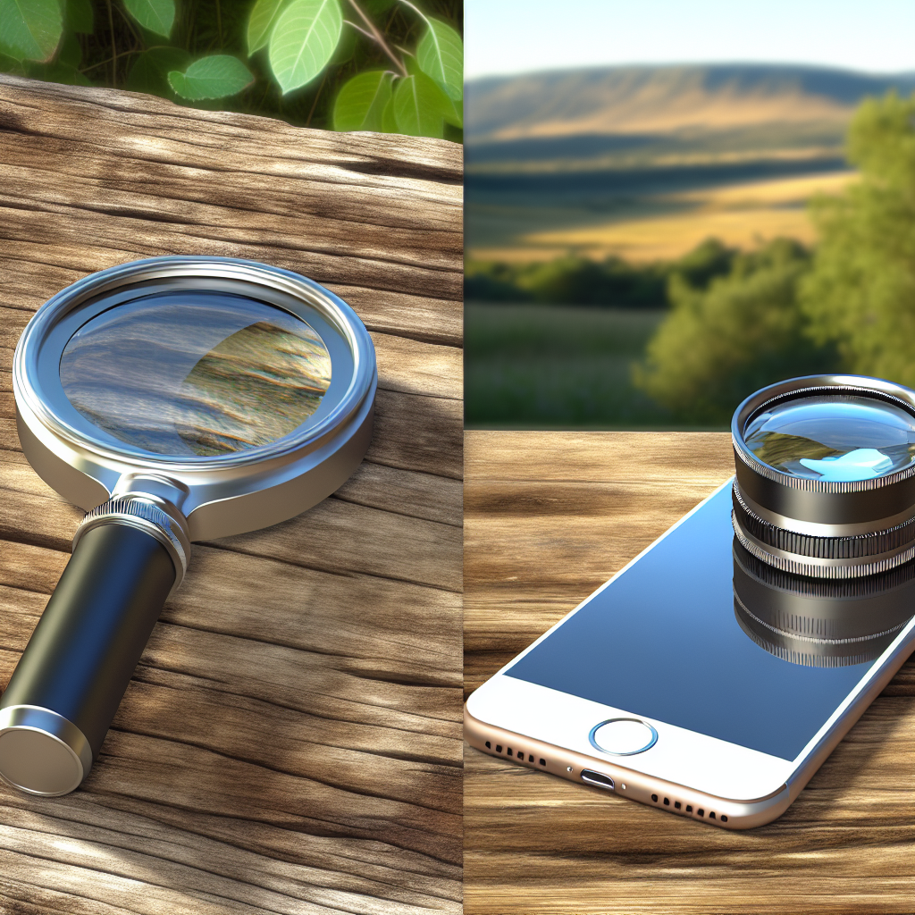 Photo réaliste d'objectifs pour smartphone, illustrant leur utilisation comme alternative moderne à la loupe traditionnelle pour la photographie.