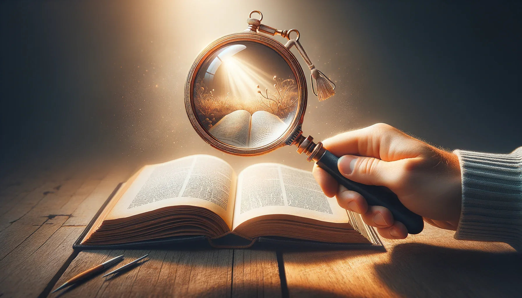 Image réaliste d'une loupe de lecture utilisée sur des pages de livre, illustrant des conseils pro pour éviter la fatigue oculaire.