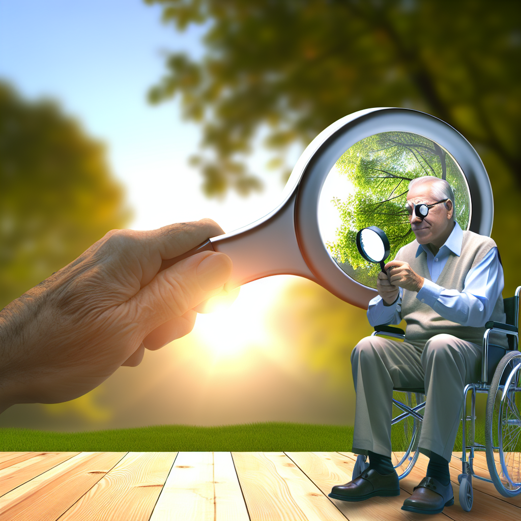 Image réaliste montrant une personne utilisant une loupe pour aider les malvoyants, illustrant l'utilisation efficace des loupes dmla malvoyants dans la vie quotidienne.