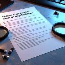 Image réaliste illustrant les erreurs à éviter lors de l'achat de loupes électroniques, avec des objets et textures authentiques en éclairage doux.