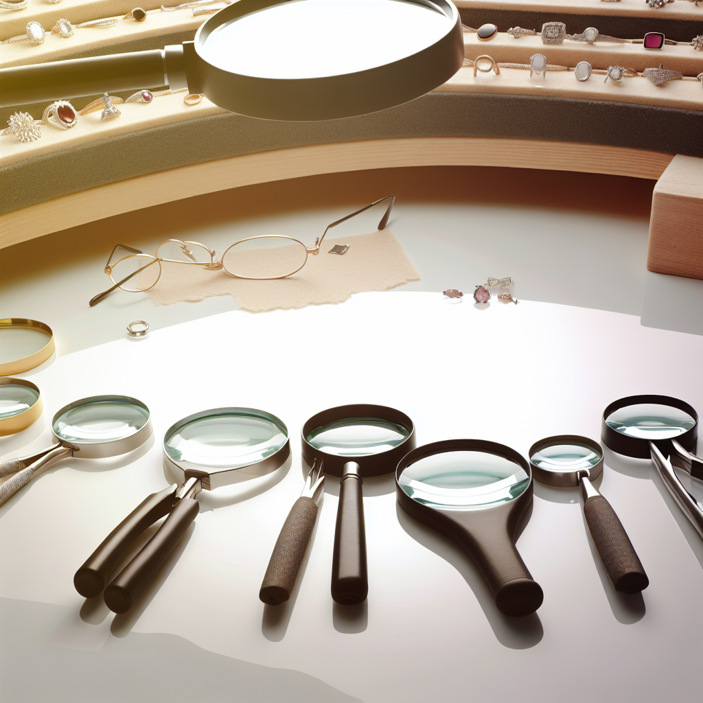 Image réaliste de loupes de bijoutier recommandées en 2023, mettant en avant un éclairage doux et des textures authentiques pour un blog professionnel.