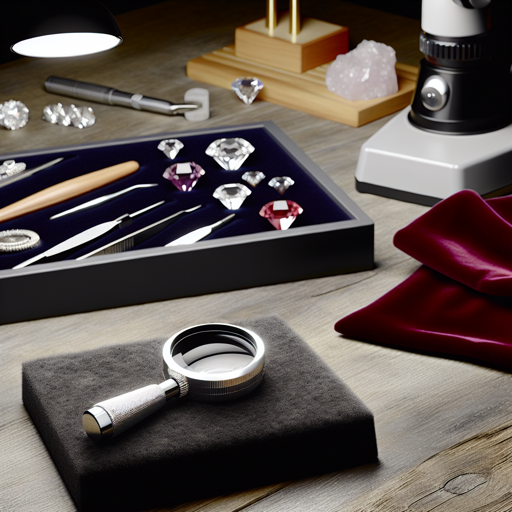 Photo naturelle montrant des conseils pratiques pour l'entretien d'une loupe de bijoutier, avec des textures réalistes et un éclairage doux.