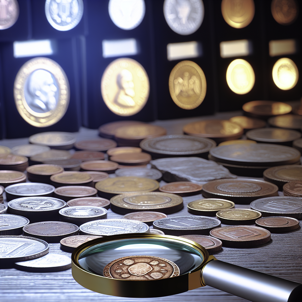 Photo réaliste d'une loupe numismate posée sur des piÚces de monnaie, illustrant le choix idéal pour les collectionneurs de numismatique.