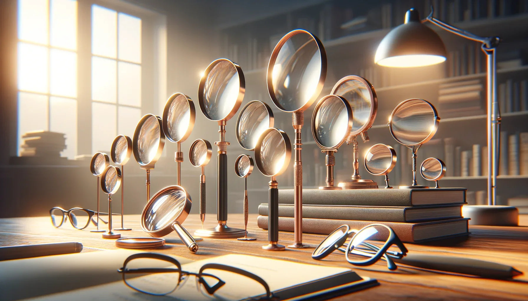 Image réaliste d'une loupe de lecture sur un livre, illustrant les options disponibles pour choisir la meilleure loupe de lecture en 2025.