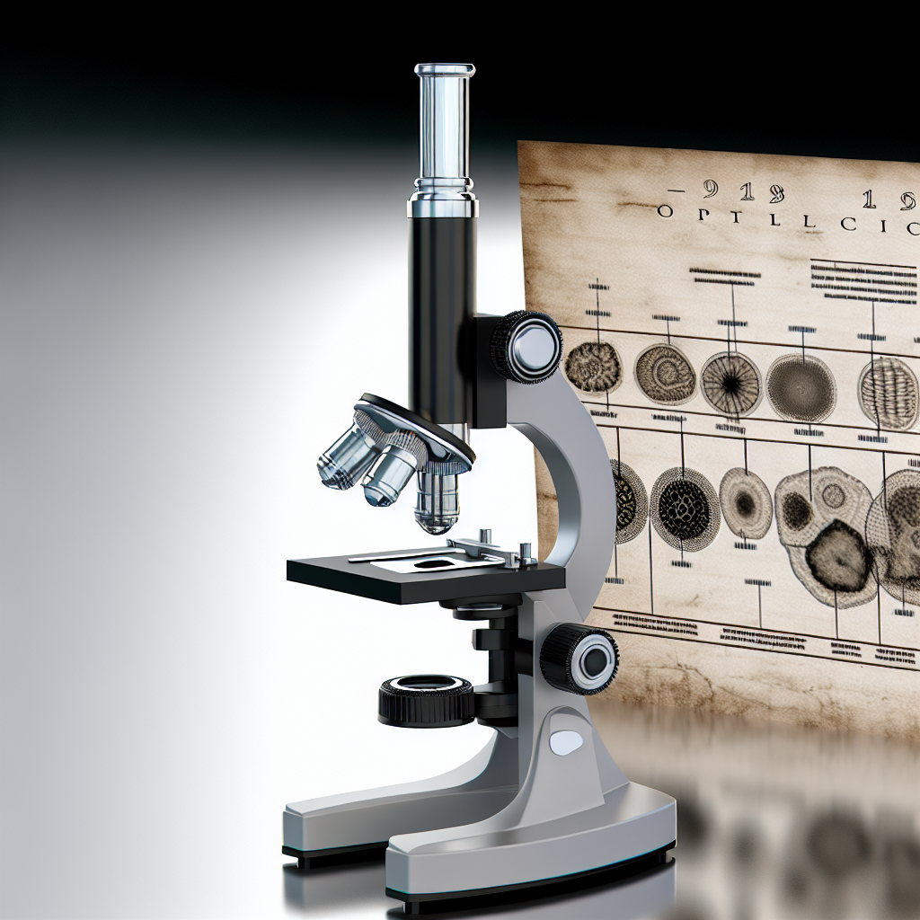 Image réaliste illustrant l'histoire et l'évolution des microscopes optiques, mettant en avant des textures et objets authentiques.