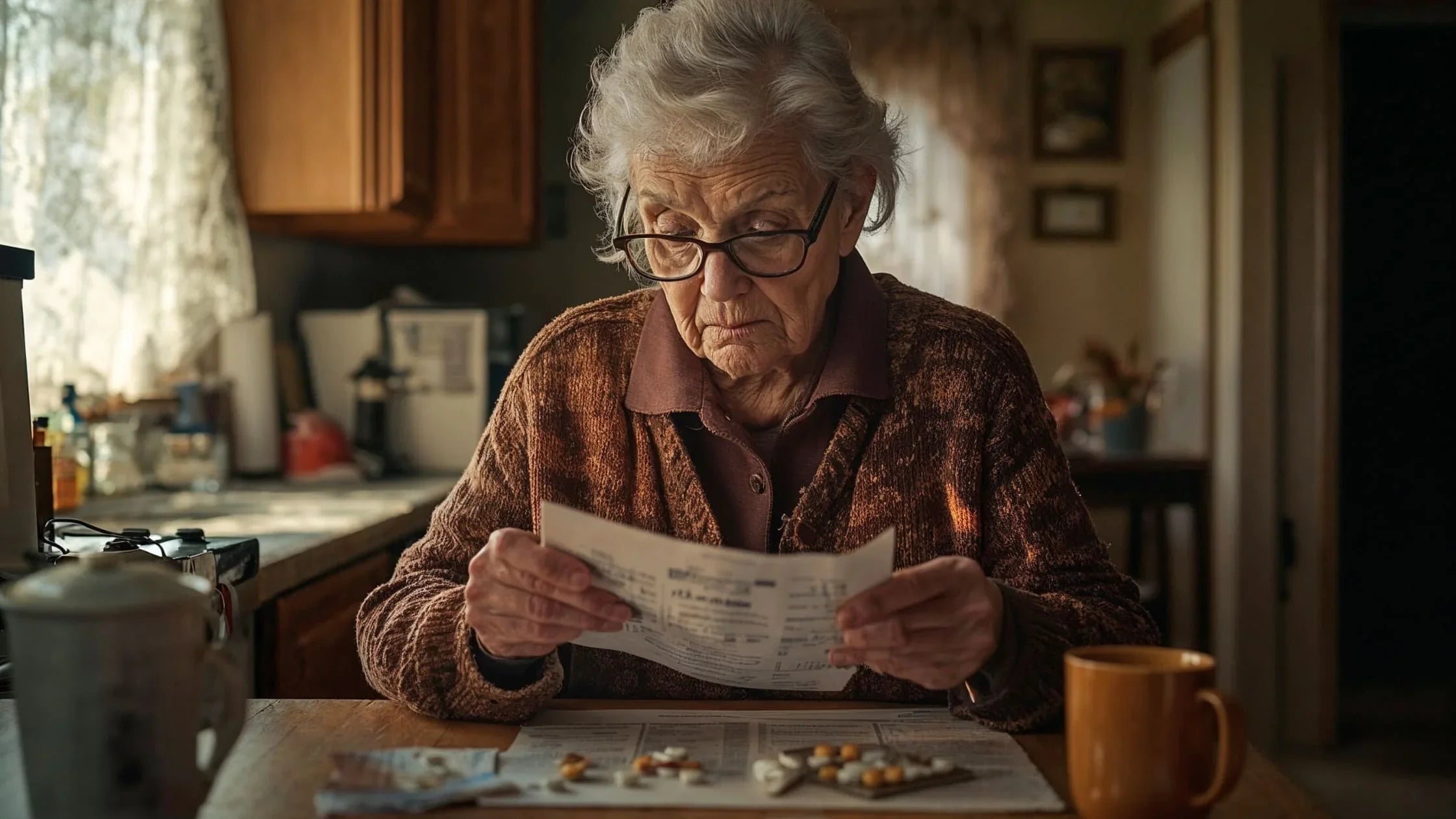 Femme ùgée atteinte de DMLA lisant un document avec difficulté dans une cuisine, entourée de médicaments