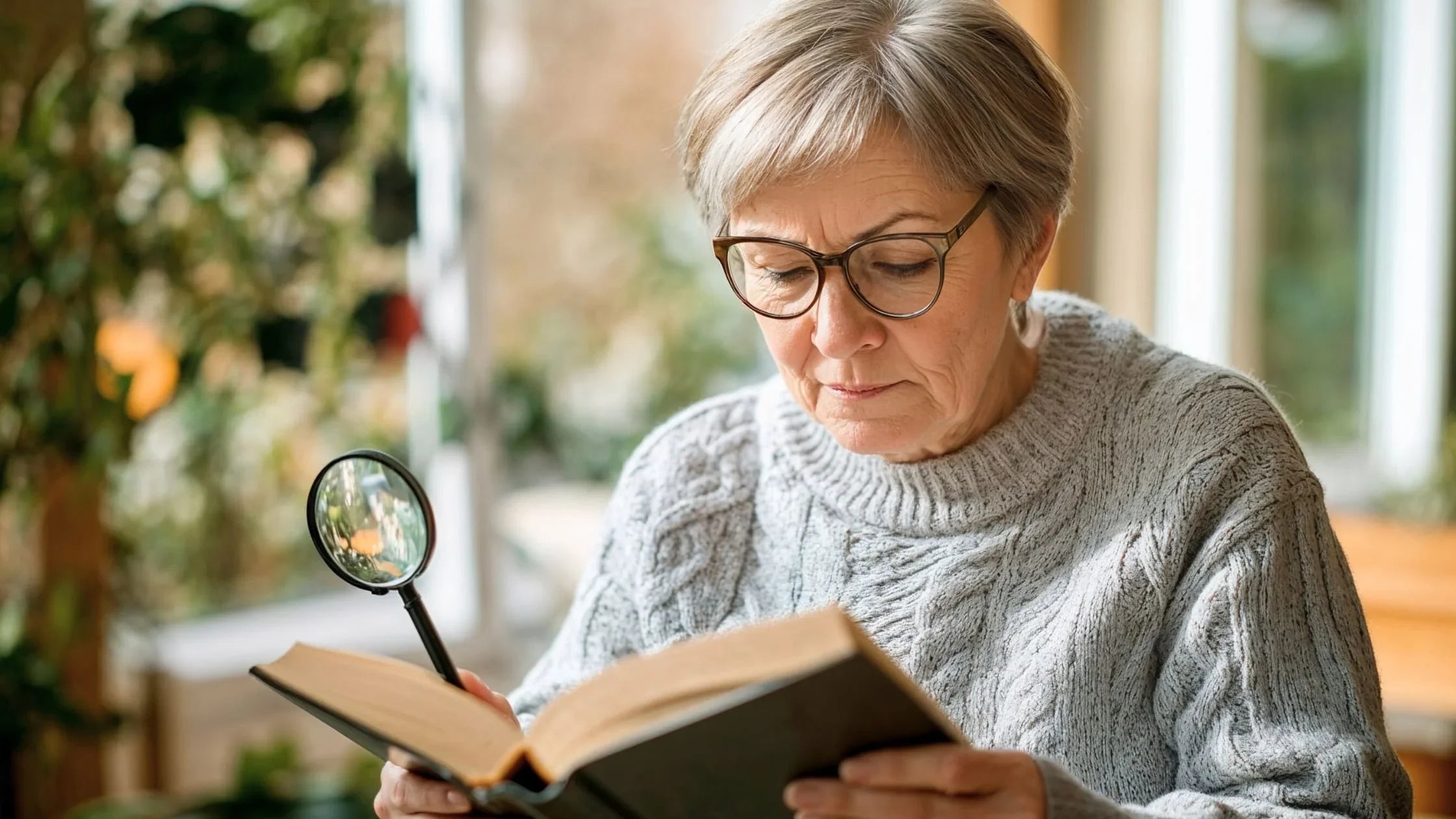 Femme senior lisant un livre avec une loupe dans un environnement lumineux