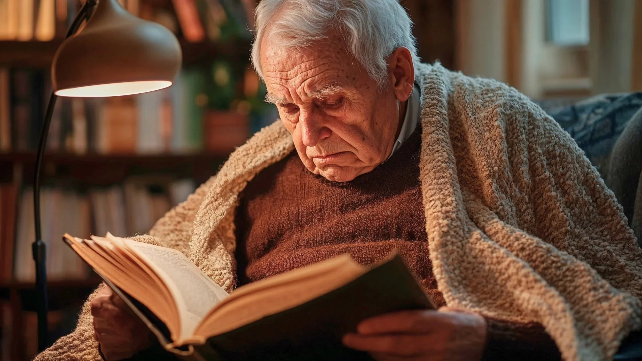 Homme âgé lisant un livre avec une lampe d’appoint dans un fauteuil, illustrant les solutions de lecture malgré la DMLA