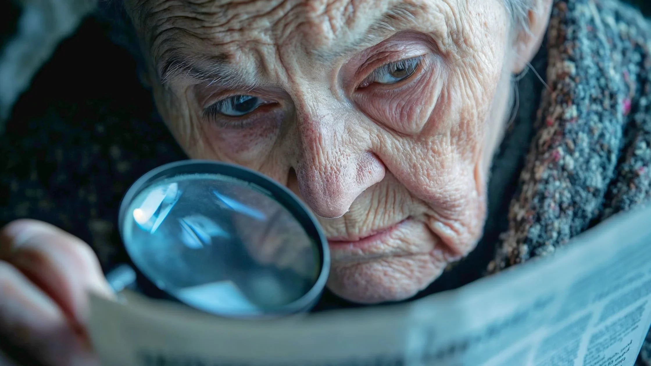 Personne âgée lisant un journal à l’aide d’une loupe grossissante