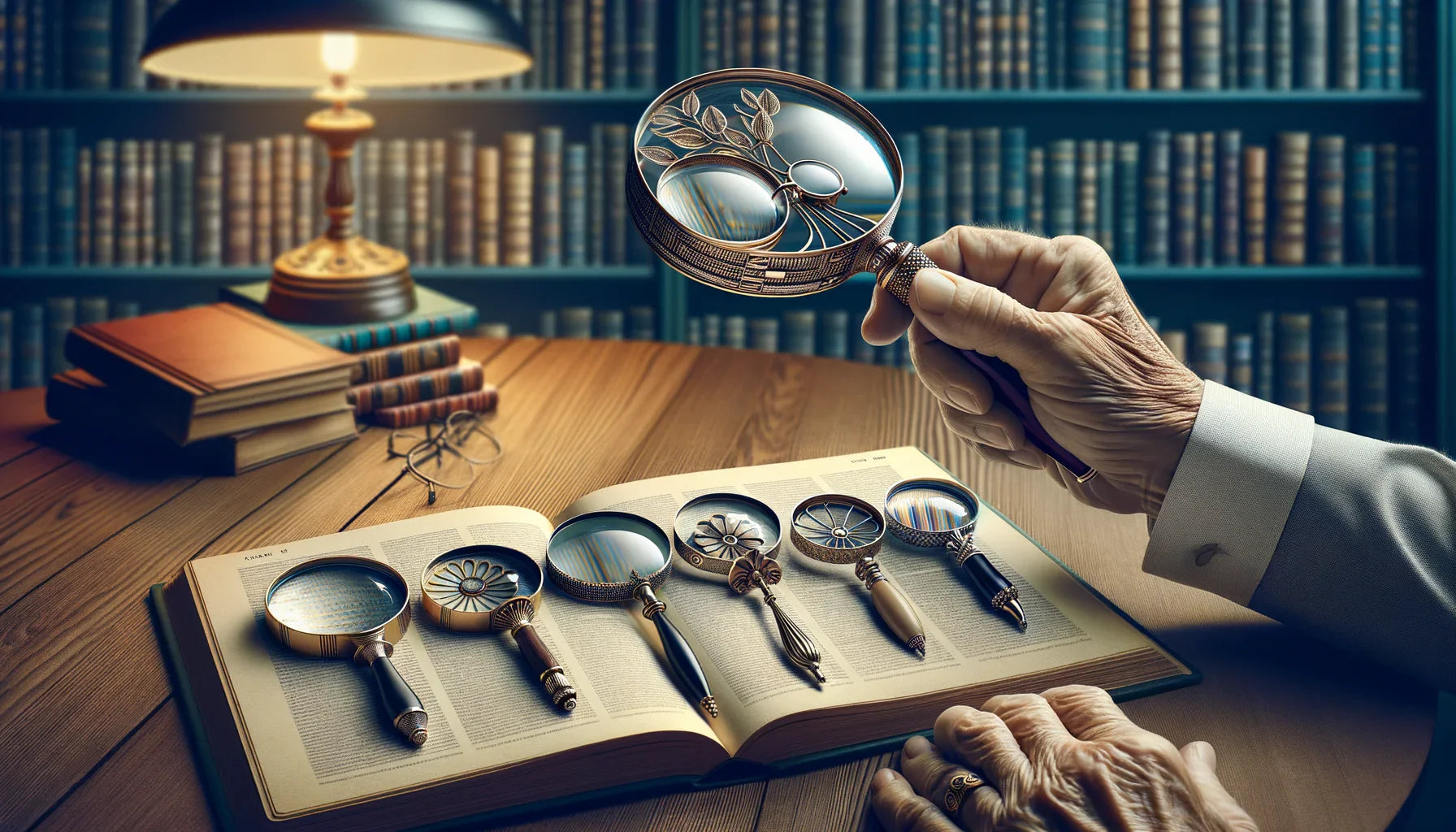 Une sélection de loupes de lecture pour seniors, présentée dans un décor naturel avec un éclairage doux, mettant l'accent sur la lisibilité et le confort.