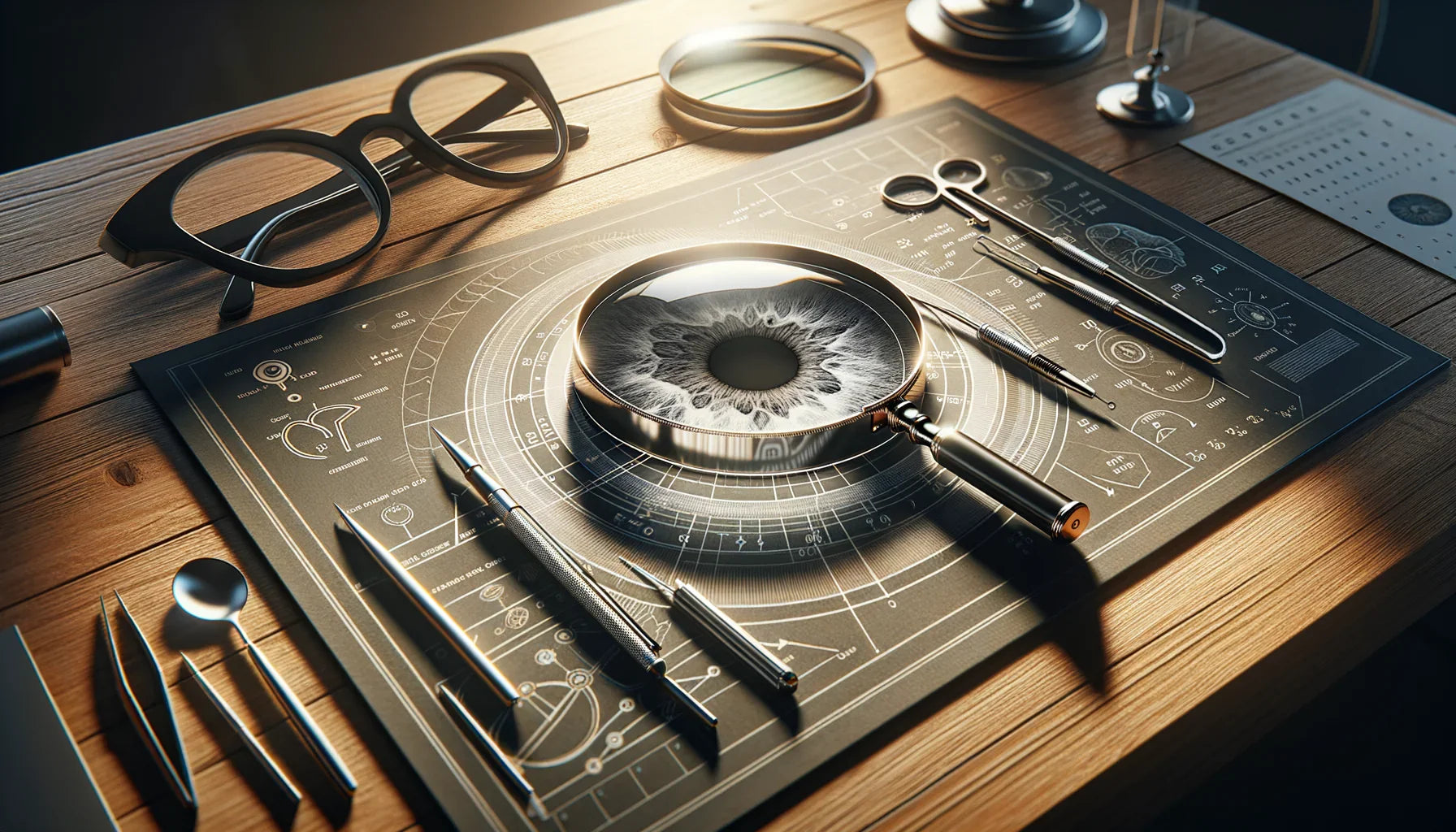 Image réaliste d'une loupe de lecture sur une table, mettant en valeur les conseils des opticiens sur cet accessoire pratique pour une vision améliorée.