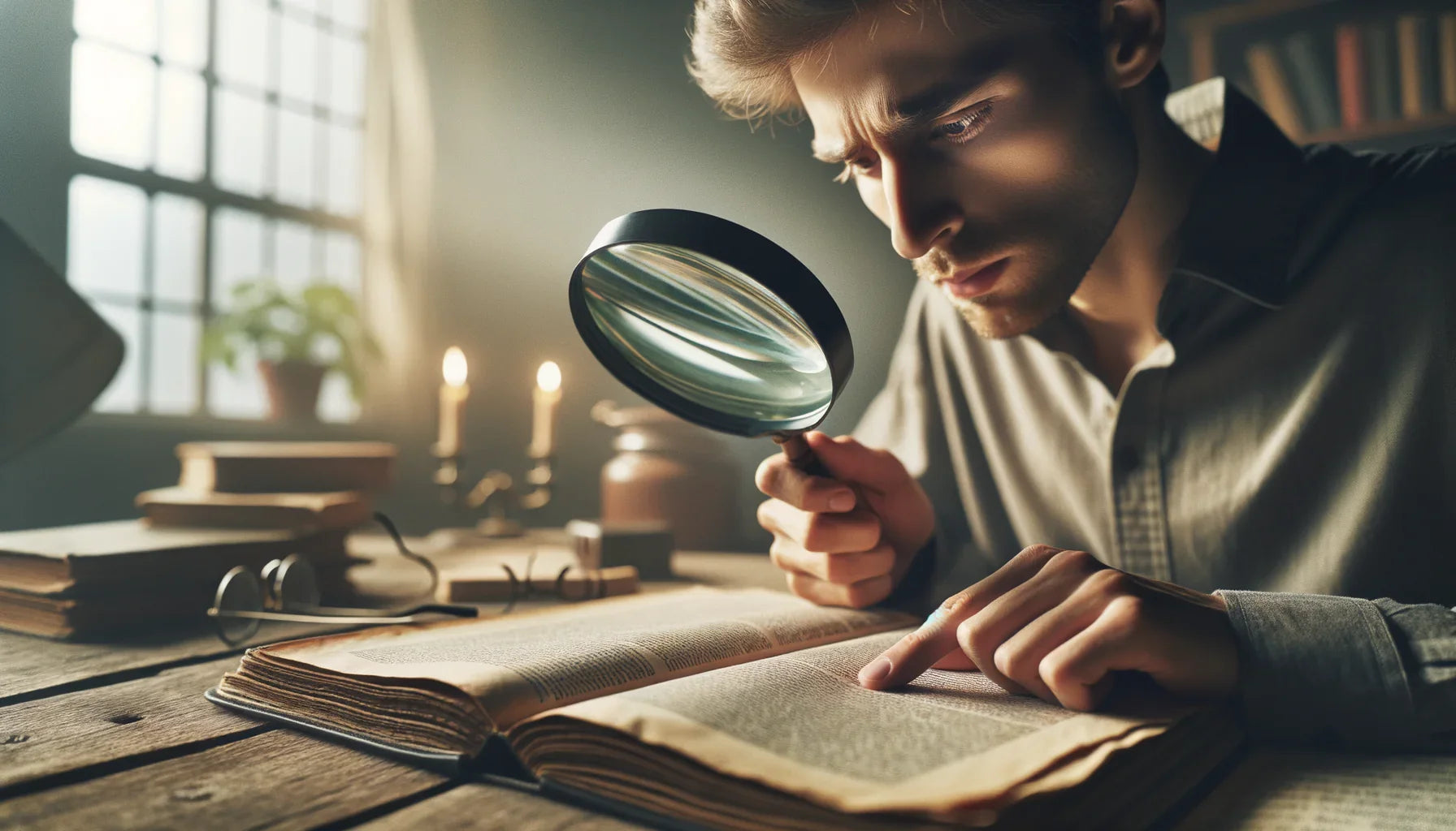 Photo réaliste d'une loupe de lecture posée sur un livre, illustrant son importance pour les personnes ayant des troubles de la vue.