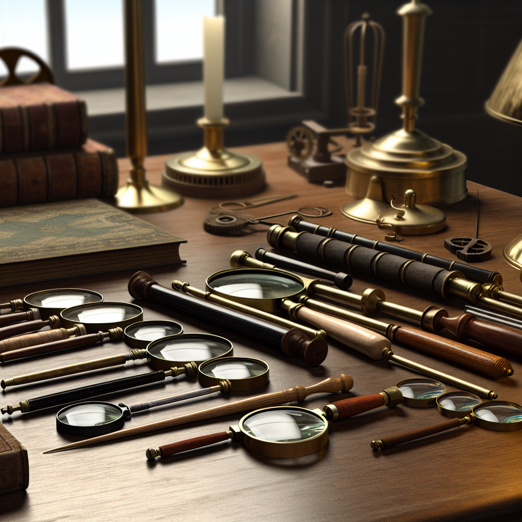 Image réaliste illustrant l'histoire et l'évolution des loupes grossissantes, mettant en avant leur design et leur utilisation à travers le temps.