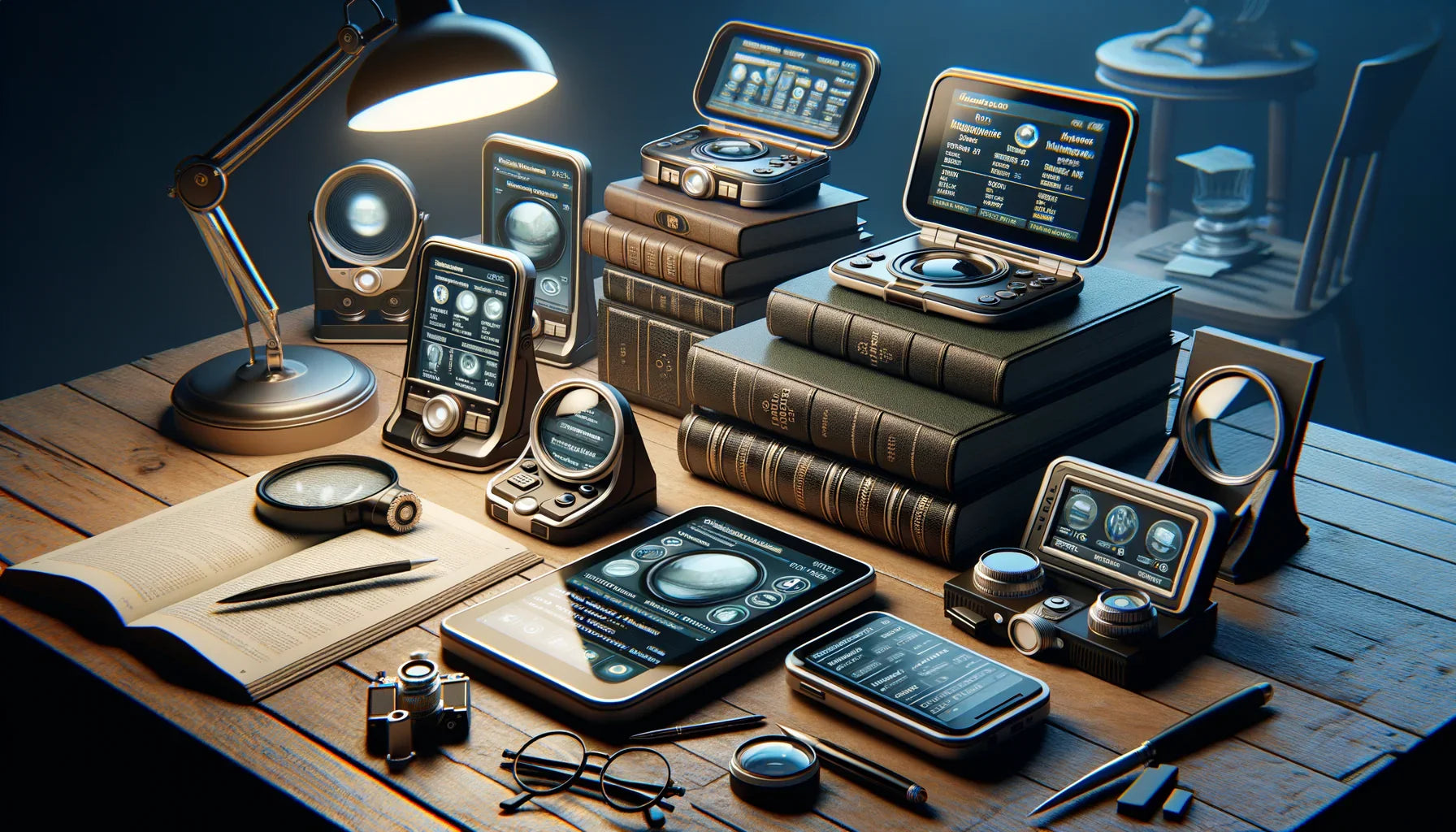 Image réaliste d'une loupe de lecture numérique montrant ses fonctionnalités, modèles et prix, idéale pour un article de blog professionnel sur le sujet.