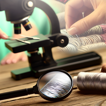 Image réaliste d'une loupe compte-fils, montrant son utilisation et son importance pour le travail de couture et de tricot, avec un éclairage naturel.