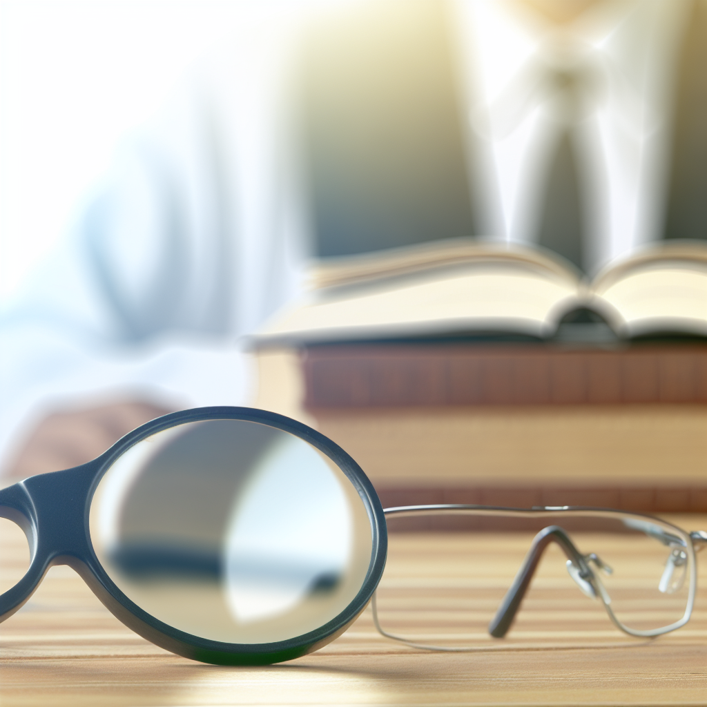 Image réaliste d'une loupe de lecture posée sur une table, illustrant le choix entre loupe et lunettes selon la vue, dans un environnement naturel.