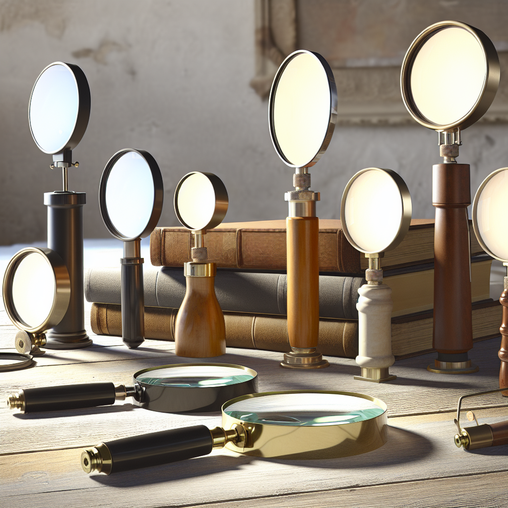 Image réaliste d'une loupe éclairante posée sur un bureau, mettant en avant ses détails et fonctionnalités pour guider le choix des utilisateurs.