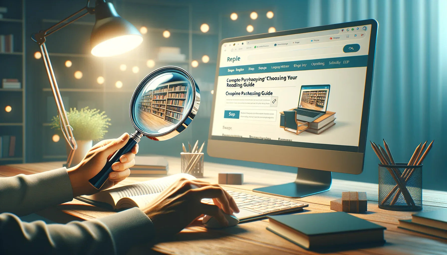 Image réaliste d'une loupe de lecture sur un livre, illustrant les caractéristiques à considérer pour un achat en ligne réussi.