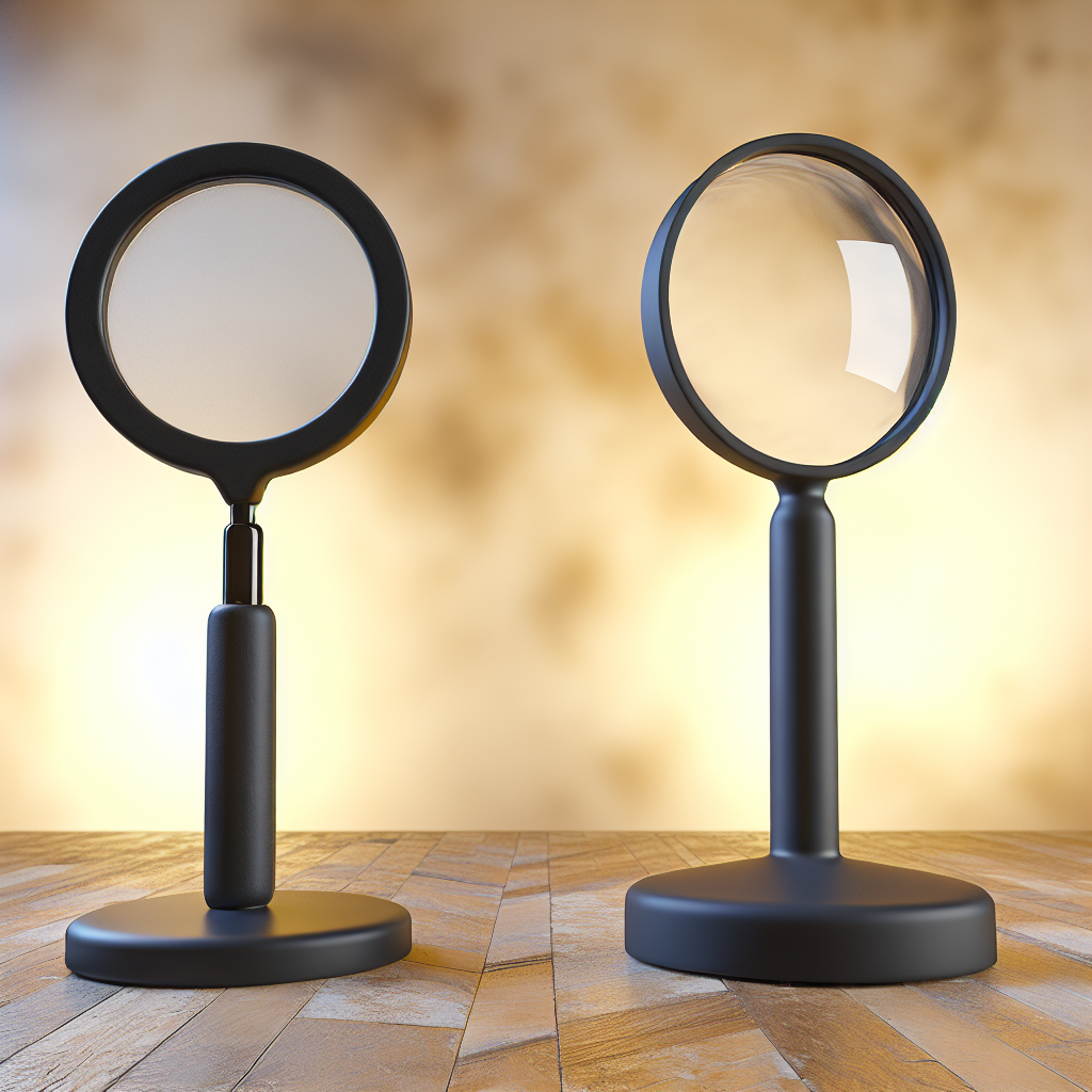 Image montrant des loupes à main et sur pied, illustrant les choix d'outils d'optique selon l'usage. Idéal pour un blog sur la loupe à main.