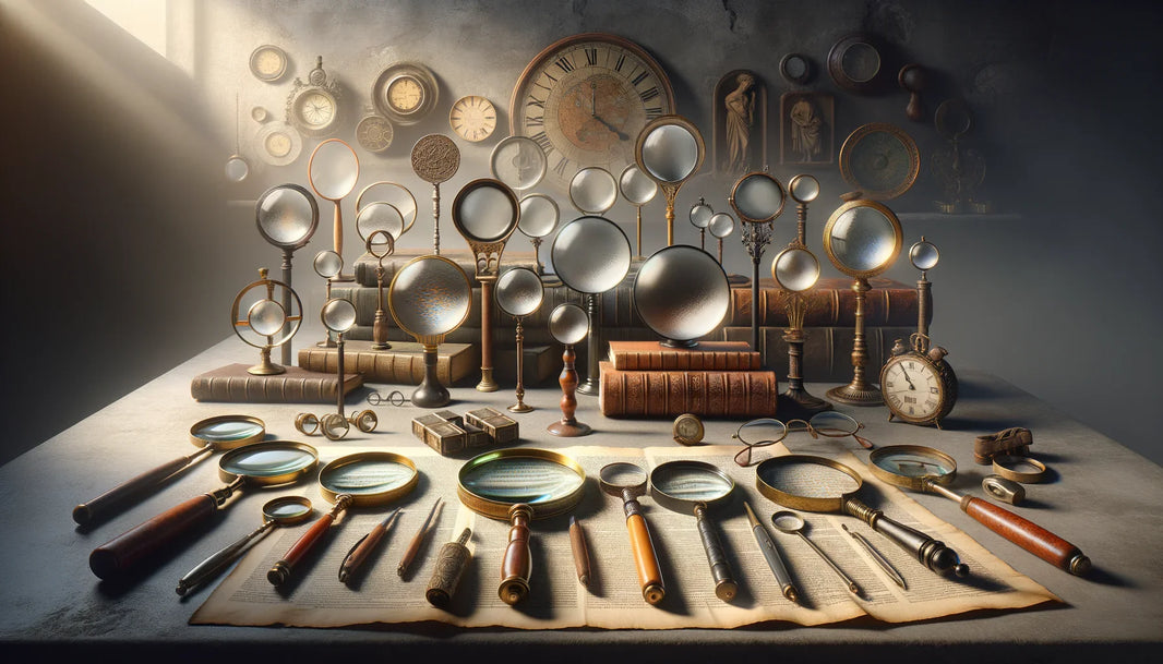 Image réaliste illustrant l'histoire de la loupe de lecture, montrant son évolution depuis l'Antiquité jusqu'à nos jours avec des textures naturelles.