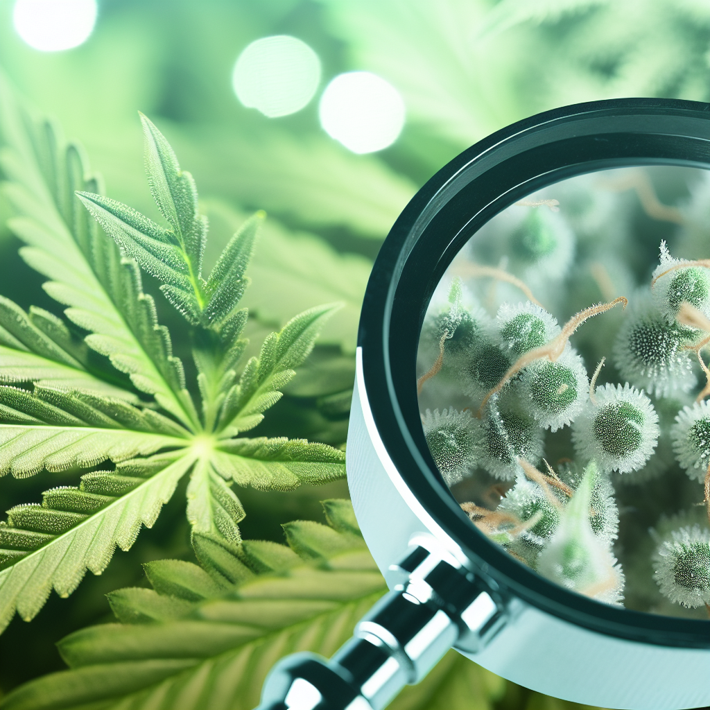 Photo réaliste d'une loupe trichomes sur des échantillons de plantes, illustrant l'analyse précise des trichomes pour un blog professionnel.