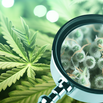 Photo réaliste d'une loupe trichomes sur des échantillons de plantes, illustrant l'analyse précise des trichomes pour un blog professionnel.