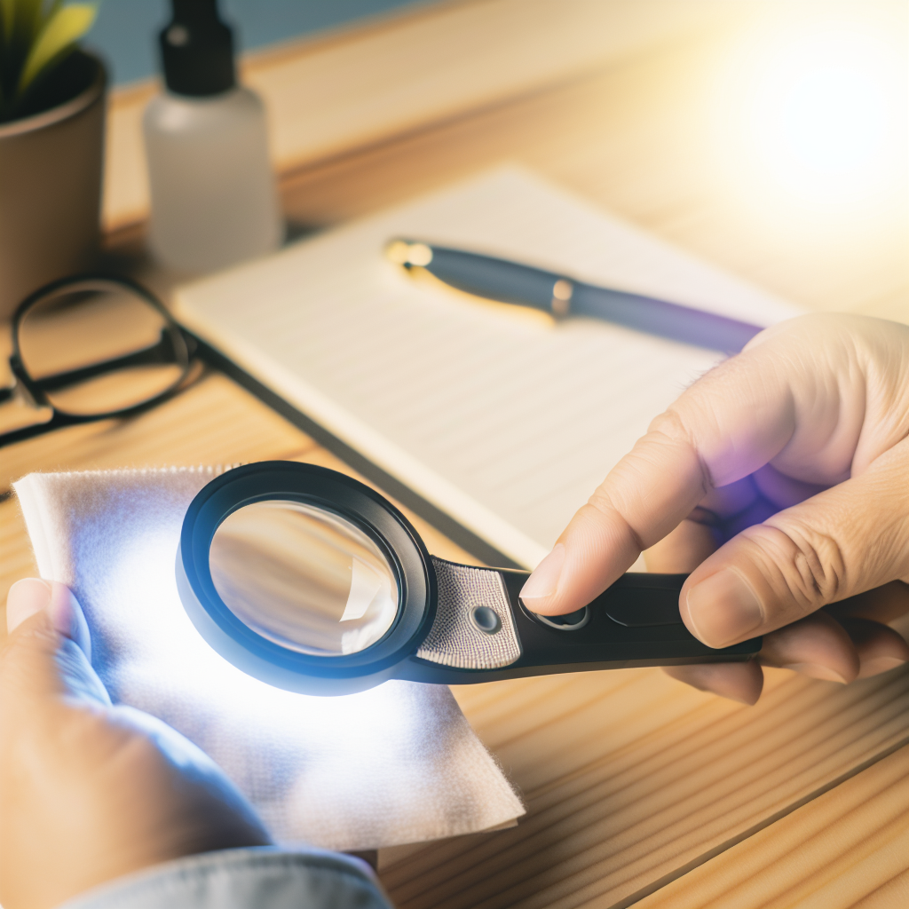 Photo réaliste d'une loupe eclairante entourée d'éléments montrant des conseils pratiques pour son entretien, idéale pour un blog professionnel.