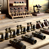 Photo réaliste illustrant l'histoire et l'évolution des loupes binoculaires, mettant en avant leurs textures et objets authentiques.