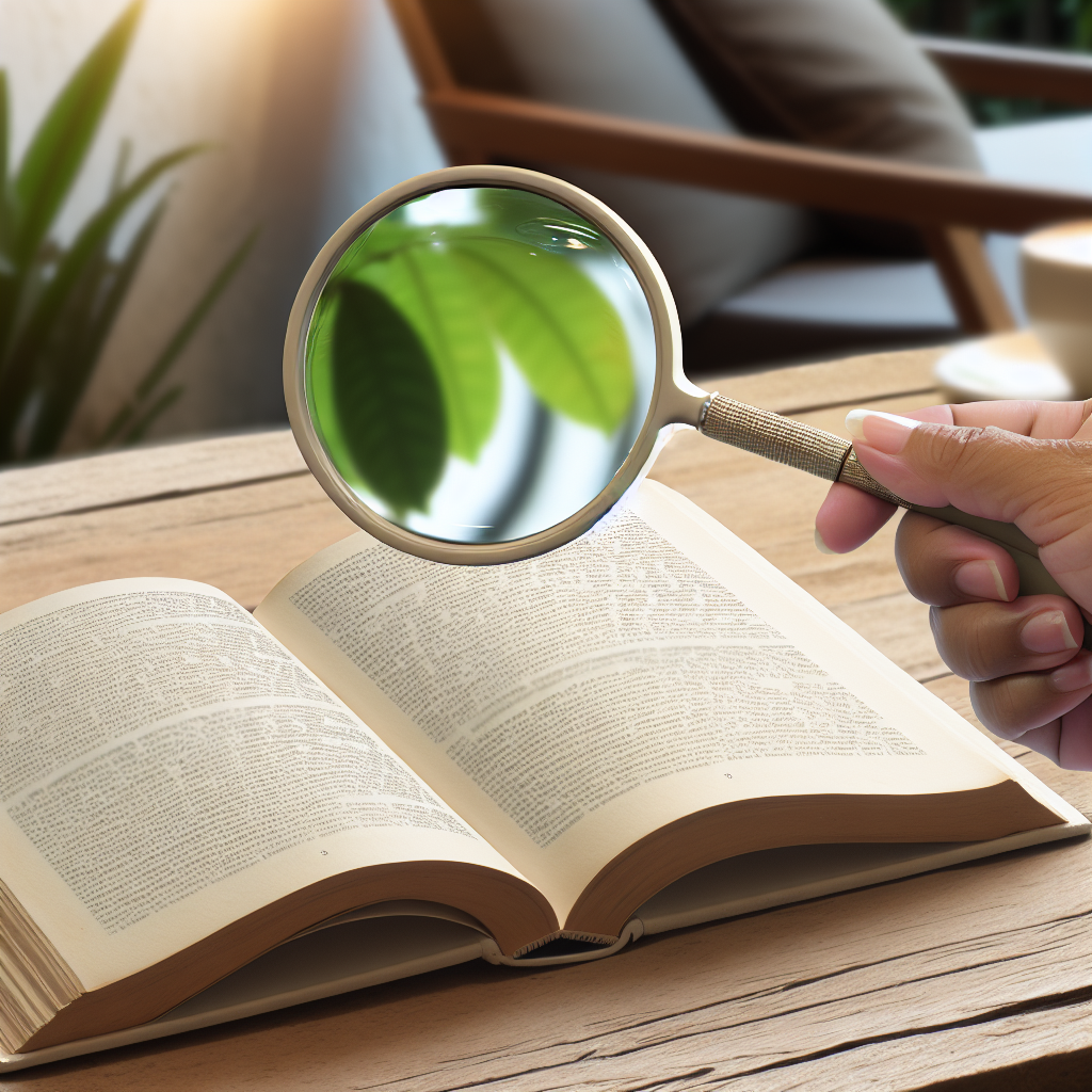 Image réaliste d'une loupe pleine page sur un livre, illustrant son utilité pour la lecture prolongée et le confort visuel.