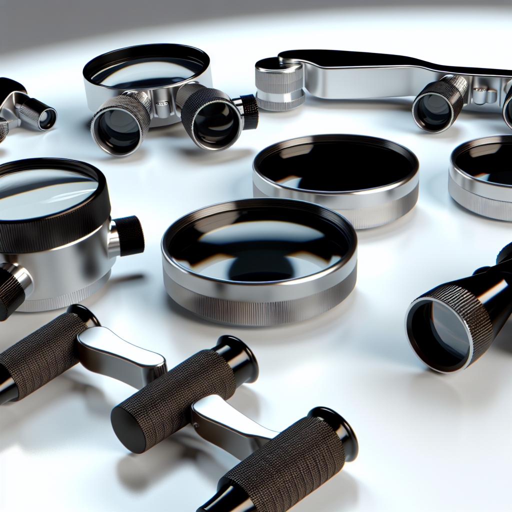 Image réaliste d'une loupe x30 et x50, illustrant le choix de grossissement selon l'usage, avec des textures naturelles et un éclairage doux.