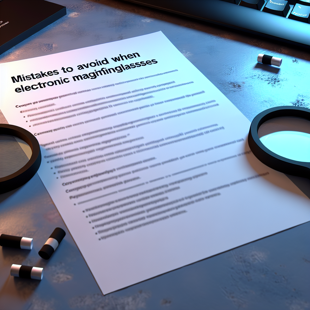 Image réaliste illustrant les erreurs à éviter lors de l'achat de loupes électroniques, avec des objets et textures authentiques en éclairage doux.