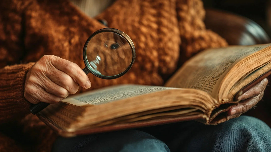 Personne âgée utilisant une loupe de lecture pour lire un livre