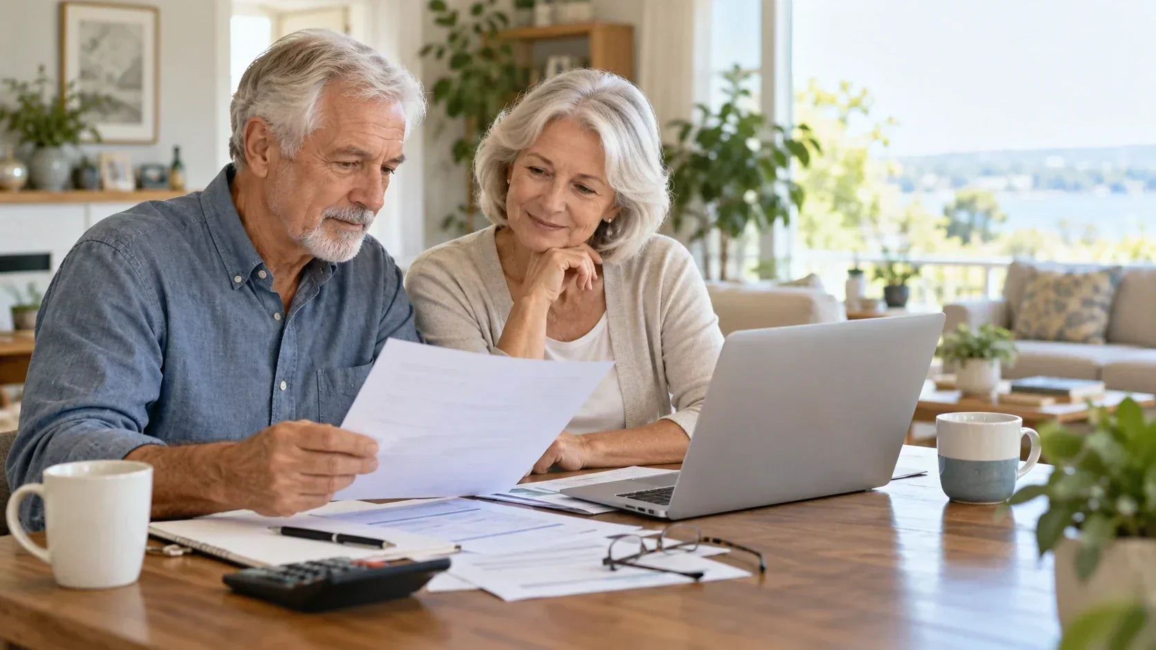 Couple de seniors comparant des documents de mutuelle santé devant un ordinateur portable.