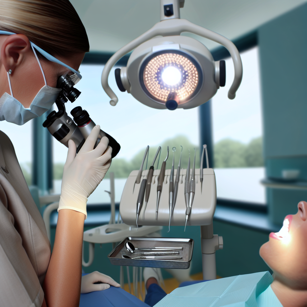 Photo réaliste d'une loupe dentaire utilisée par un professionnel pour illustrer son importance dans les soins dentaires et les examens cliniques.