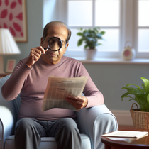 Loupe senior sur une table, illustrant son utilisation pour améliorer le confort quotidien des personnes âgées dans un environnement naturel et lumineux.
