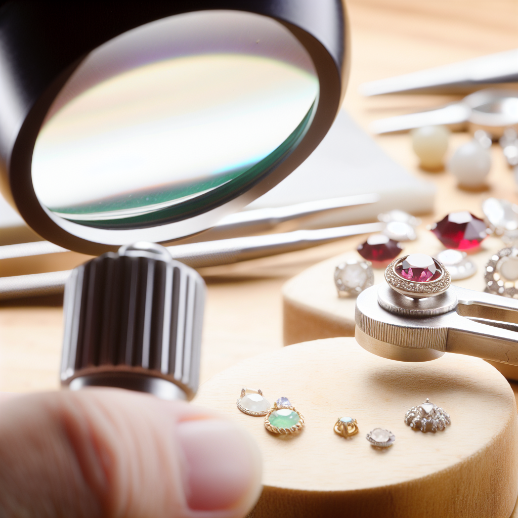 Image d'une loupe de bijoutier utilisée pour examiner des bijoux, illustrant des techniques professionnelles dans un environnement réaliste et bien éclairé.