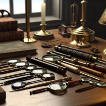 Image réaliste illustrant l'histoire et l'évolution des loupes grossissantes, mettant en avant leur design et leur utilisation à travers le temps.