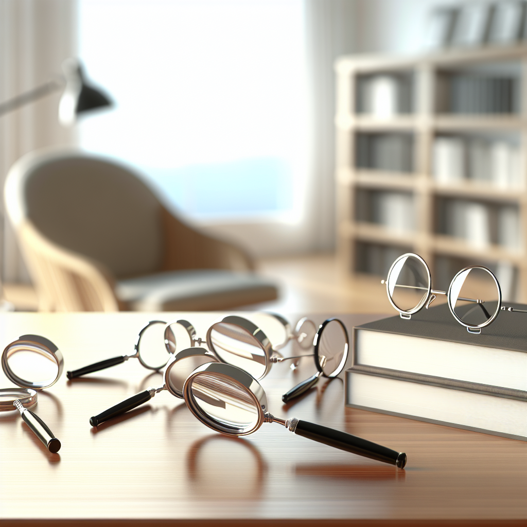 Image d'une loupe de lecture posée sur une table, avec un livre ouvert en arrière-plan, illustrant le choix optimal pour un confort de lecture.