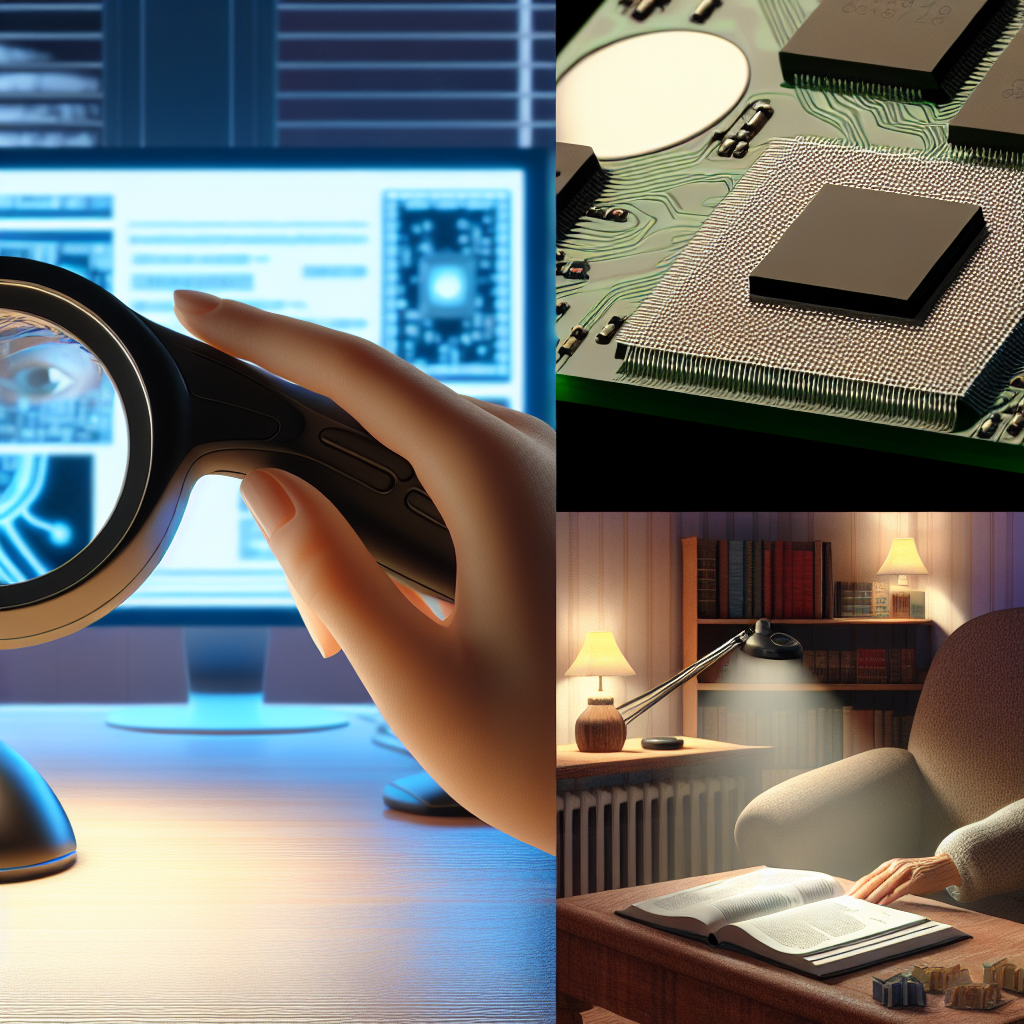 Image réaliste illustrant les applications professionnelles et personnelles de loupes électroniques, mettant en avant leurs fonctionnalités et utilisations.