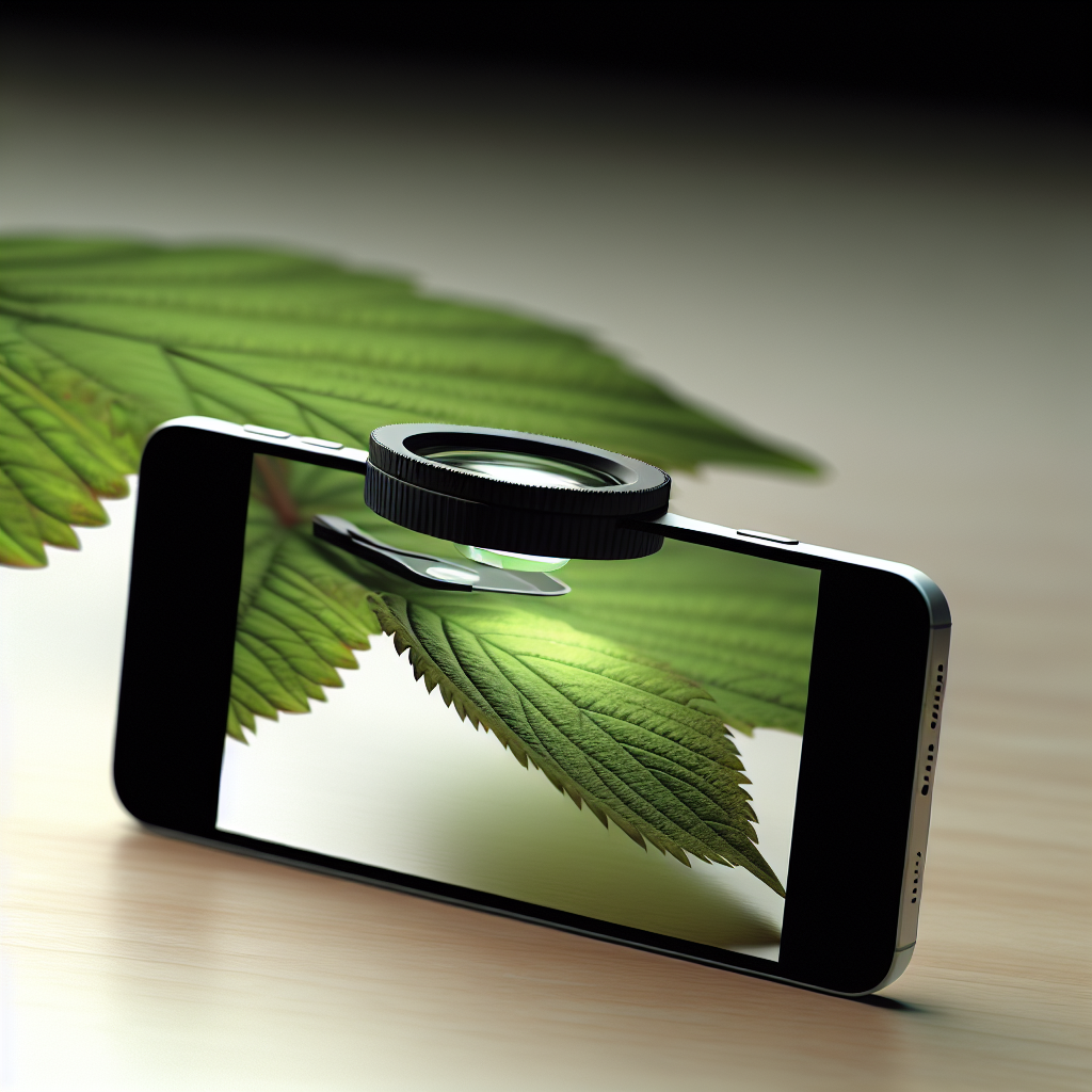 Photo réaliste d'une loupe pour téléphone, illustrant la transformation d'un smartphone en outil de grossissement. Détails et textures naturelles.