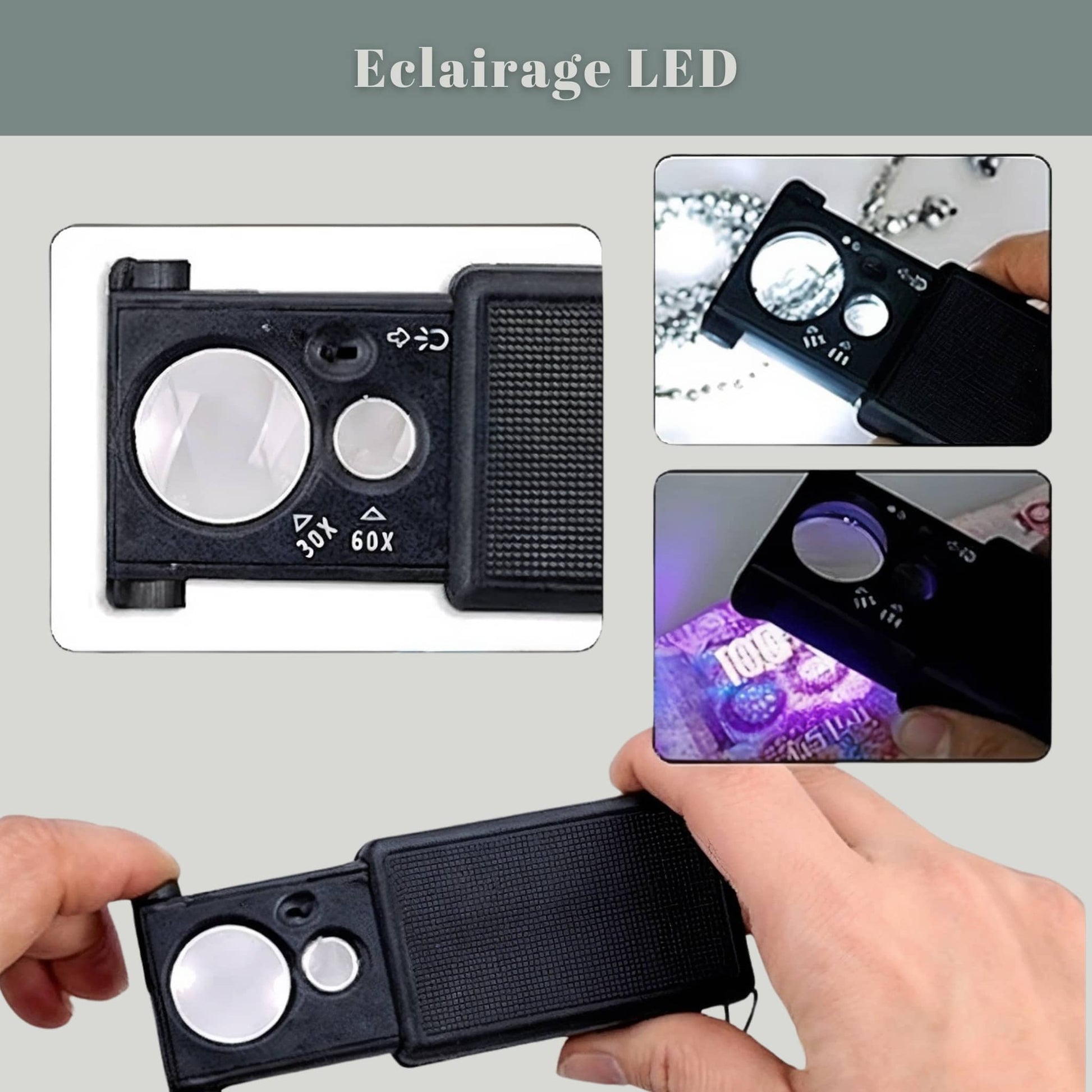 Double loupe de bijoutier x30 x60 LED Eclairage