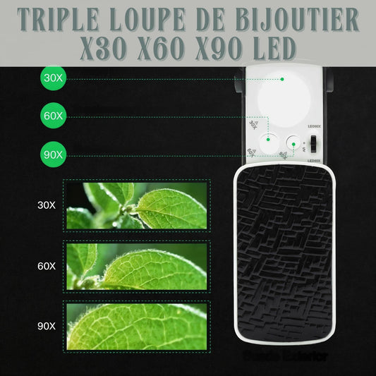 Triple loupe de bijoutier x30 x60 x90 led