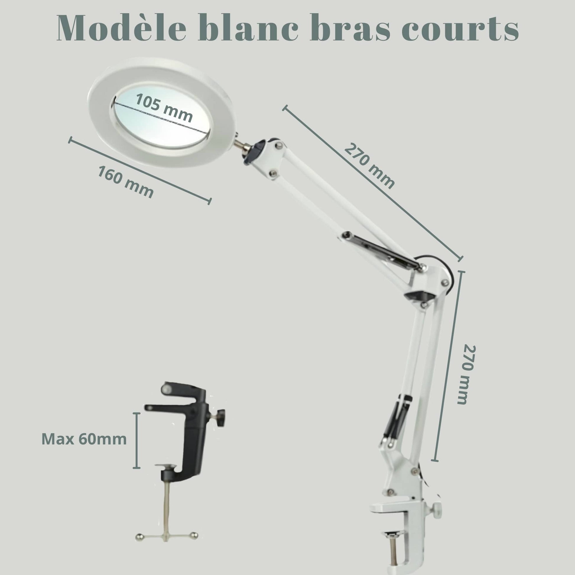 lampe loupe de bureau articulee Variante bras courts blanc