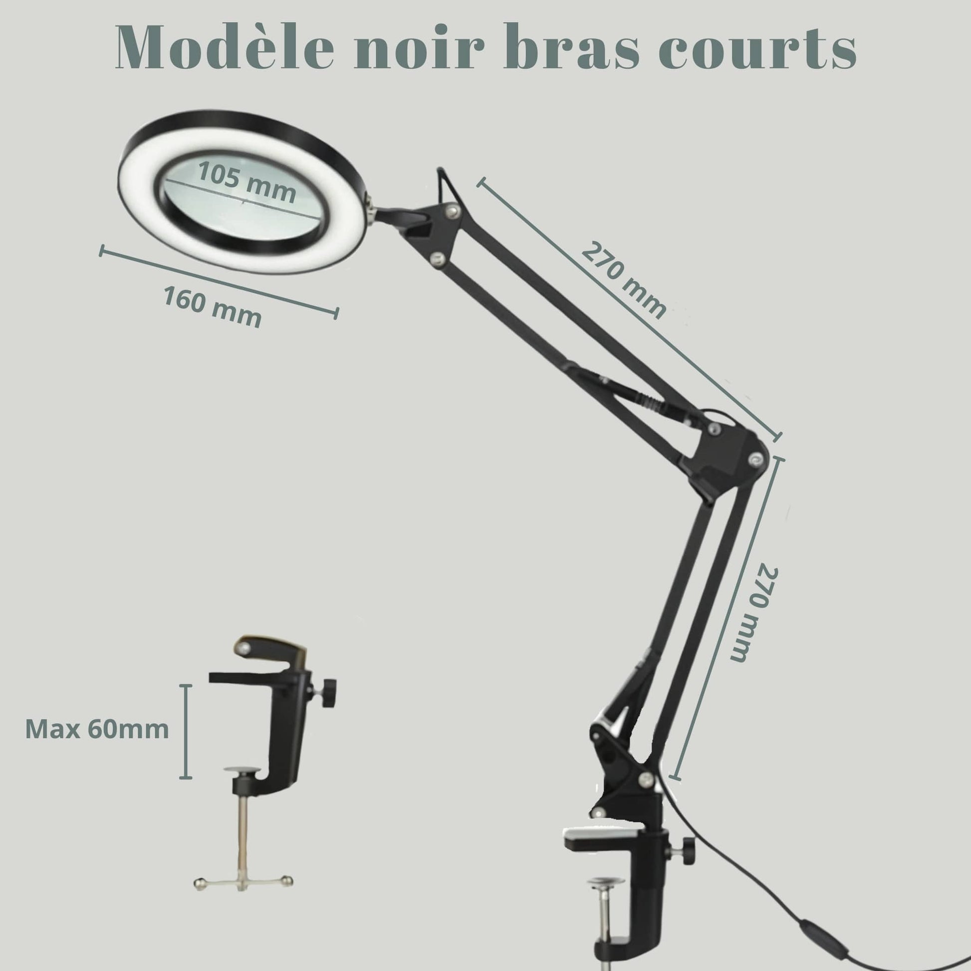 lampe loupe de bureau articulee Variante bras courts noir